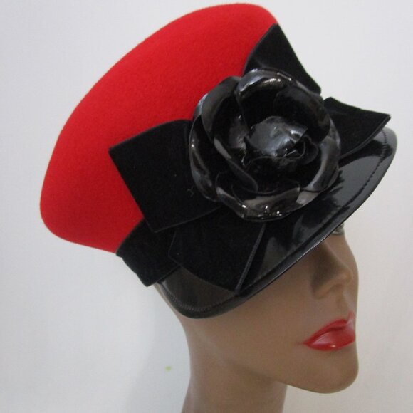 Mushroom Red Wool Visor Brim Cap Hat Patent Leather Brim Flower - Picture 4 of 14
